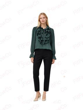 ZARA Forest Green RuffleNeck Blouse L Tie Front Romantic Victorian TopLongSleeve